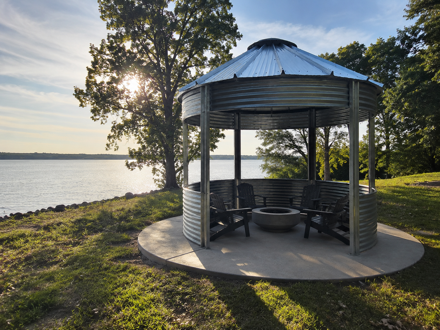Binzebo grain bin gazebo by the lake at sunrise