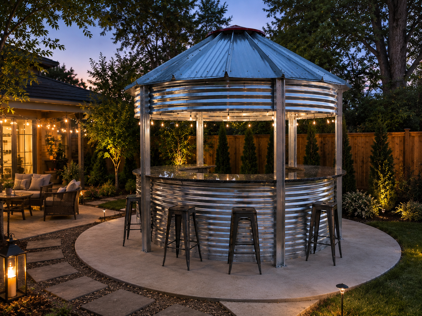 Binzebo backyard bartop with string lights and seating at dusk