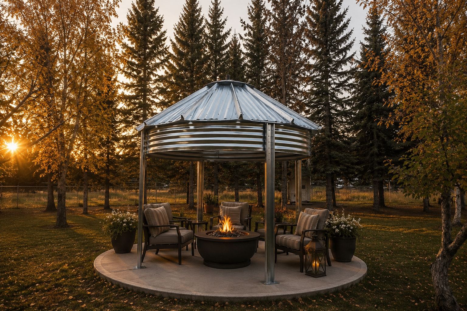 Binzebo with firepit at golden hour among evergreens