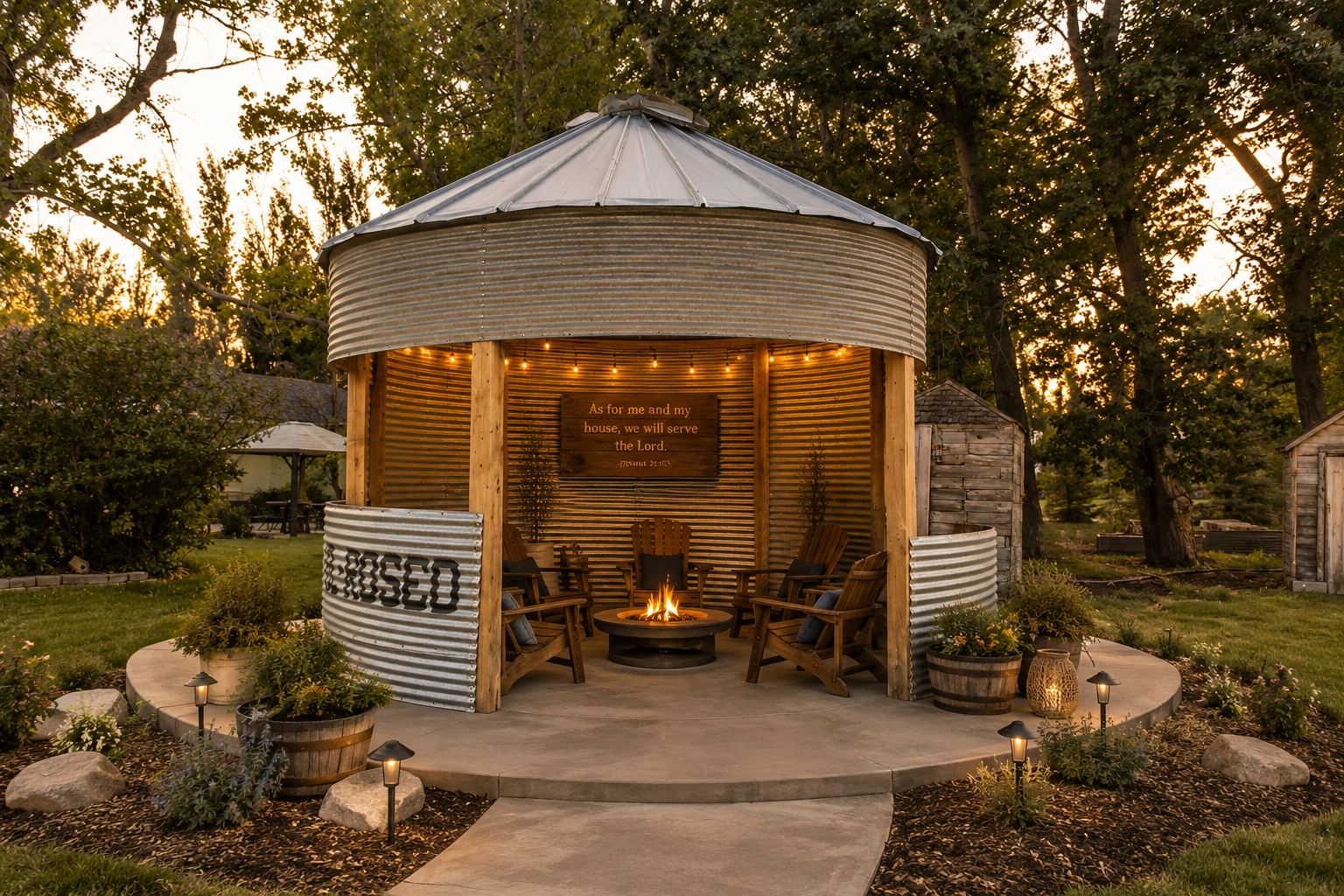 Rosco Binzebo at dusk with firepit and string lights